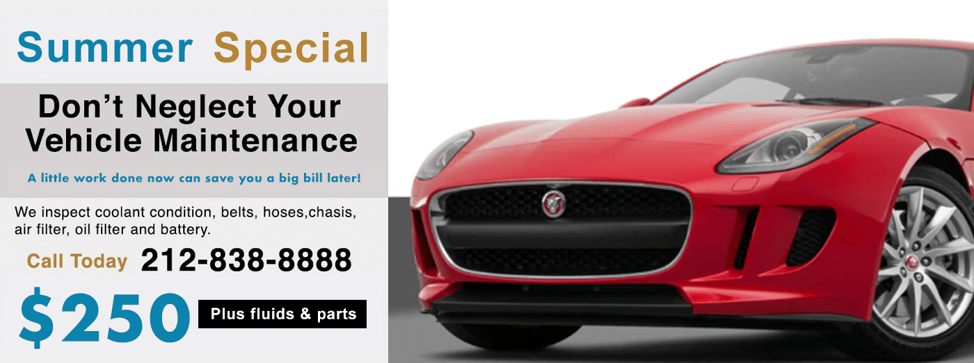 we are the #1 Jaguar dealer alternative in NYC for Jaguar scheduled service, maintenance and repairs. Keep your Jag looking and running like new with our Jaguar Summer Service Special for NYC Jaguar owners.